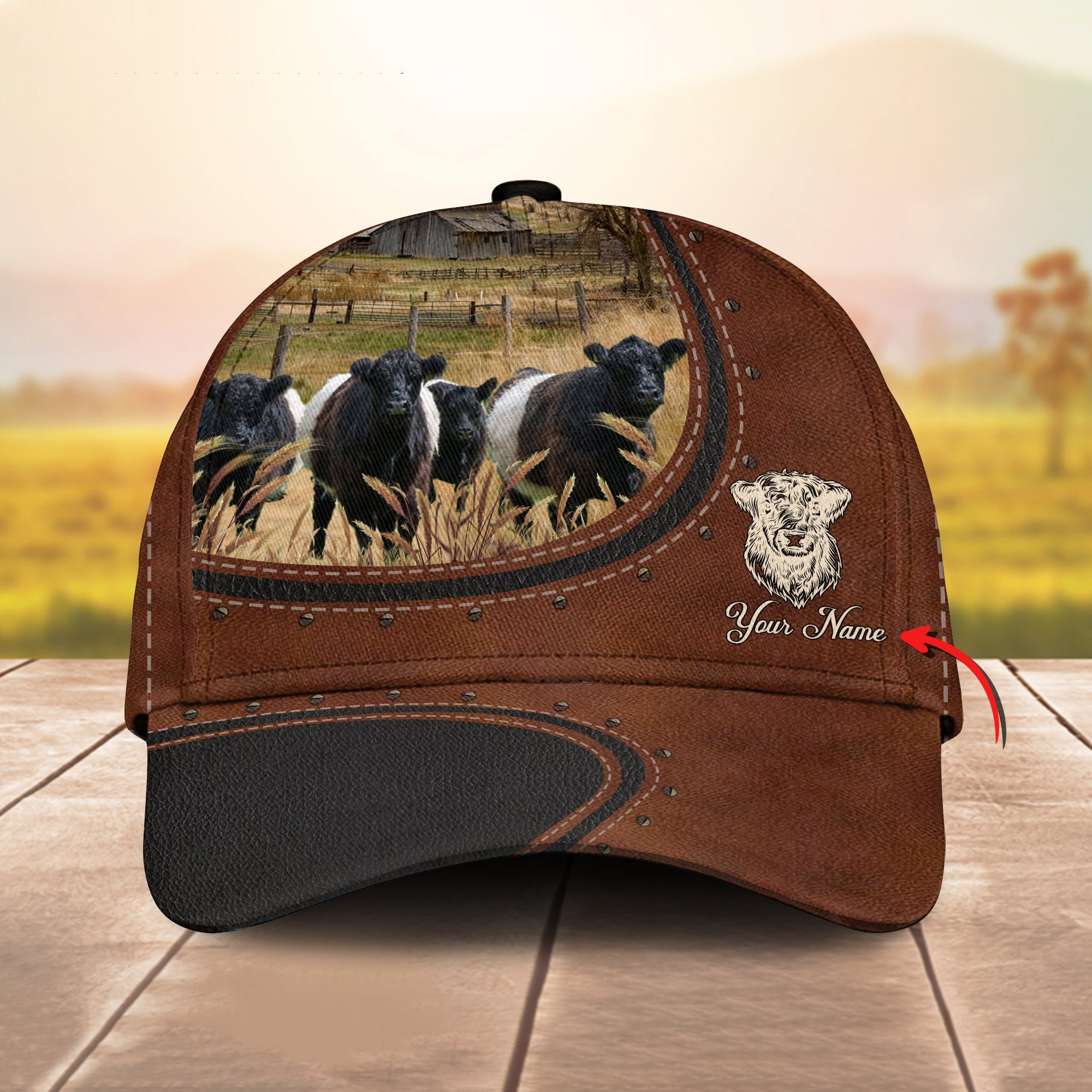 Custom Name Belted Galloway Cows Leather Pattern - Gift For Farmer - Personalized Classic Cap Trucker Hats Custom Hats Gifts For Men & Women