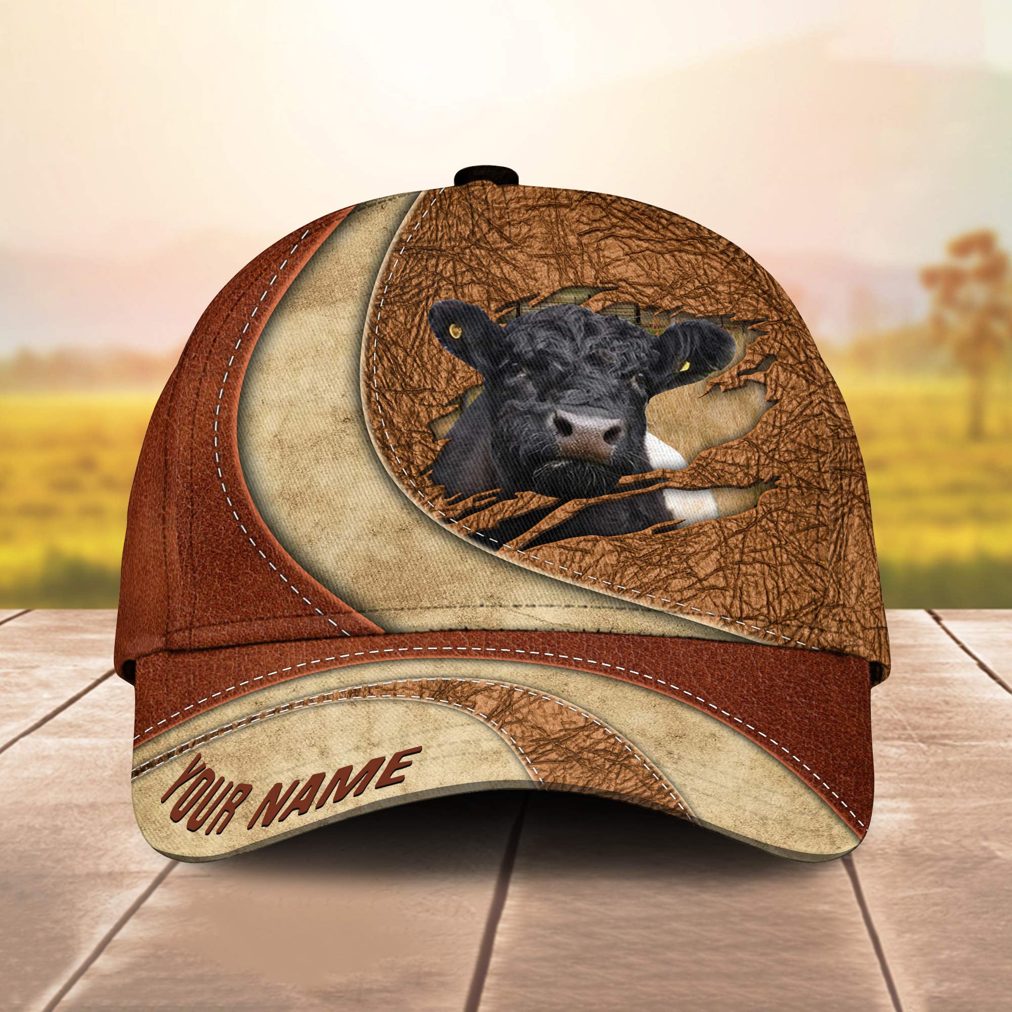 Custom Name Belted Galloway Torn Leather Pattern - Gift For Farmer - Personalized Classic Cap Trucker Hats Custom Hats Gifts For Men & Women