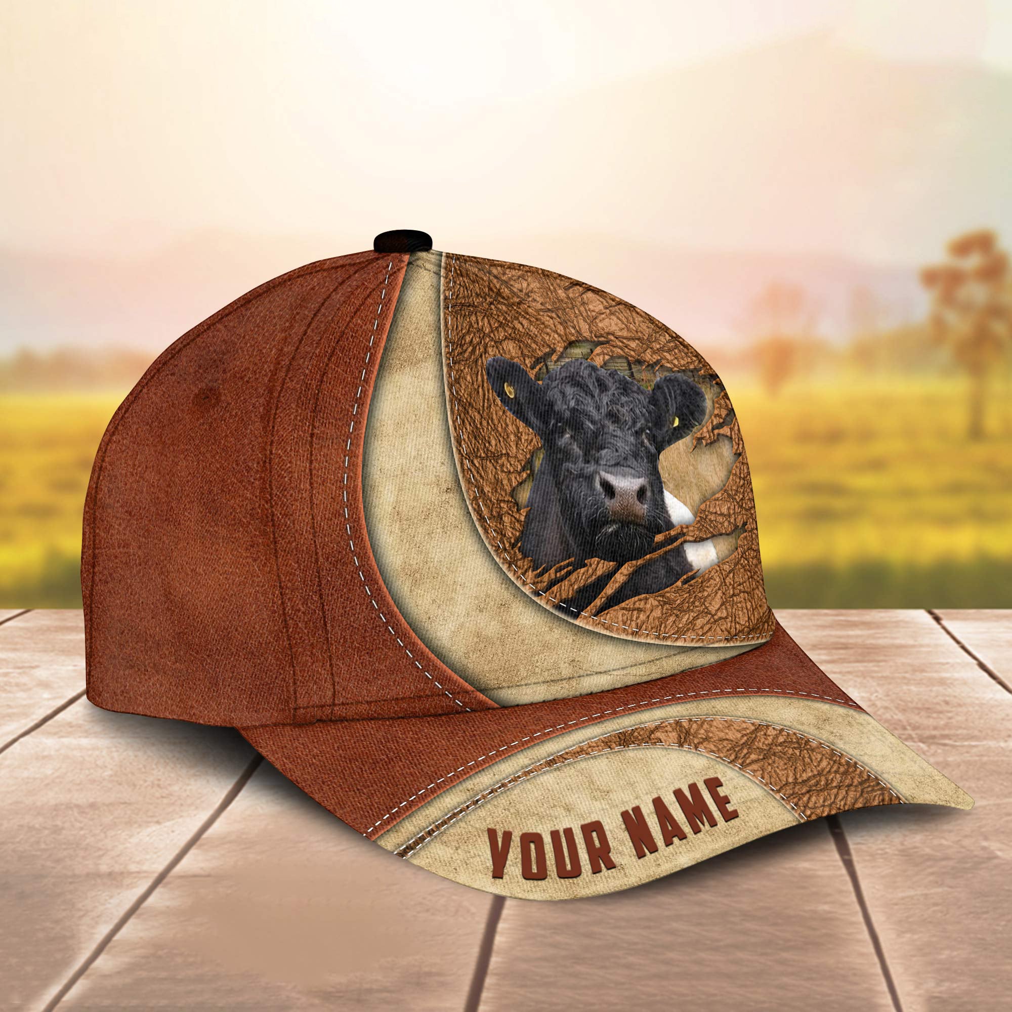 Custom Name Belted Galloway Torn Leather Pattern - Gift For Farmer - Personalized Classic Cap Trucker Hats Custom Hats Gifts For Men & Women