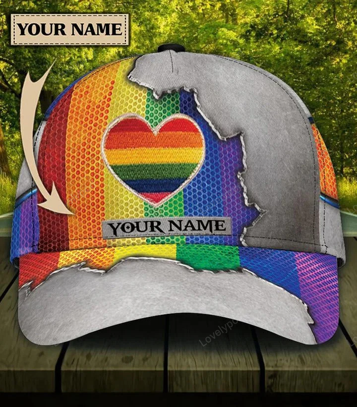 Custom Name Colorful Heart Pride Cap For Couple Gay Man, Be Strong Lgbt Printing Baseball Cap Hat Trucker Hats Custom Hats Gifts For Men & Women
