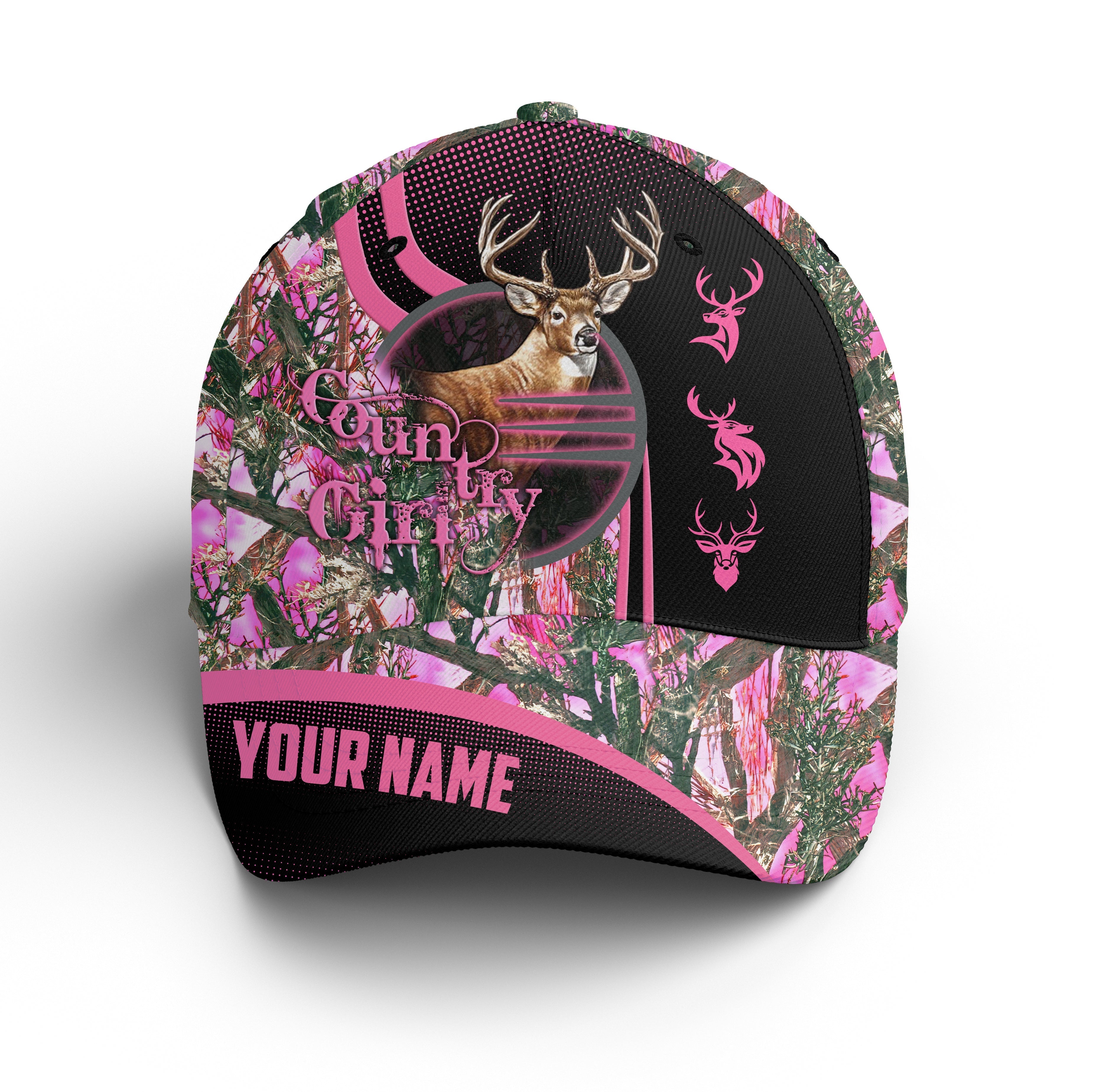 Custom Name Country Girl Deer Hunting Pink Camo Hat Adjustable Mesh Unisex Hunting Baseball Hat, Fishing Classic Cap Trucker Hats Custom Hats Gifts For Men & Women