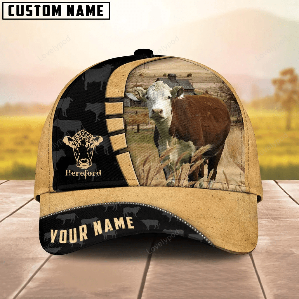 Custom Name Hereford Cattle 3D Cap, Cow hat, Farmer cap, Baseball Hat For Farmer, Gift for farm Trucker Hats Custom Hats Gifts For Men & Women
