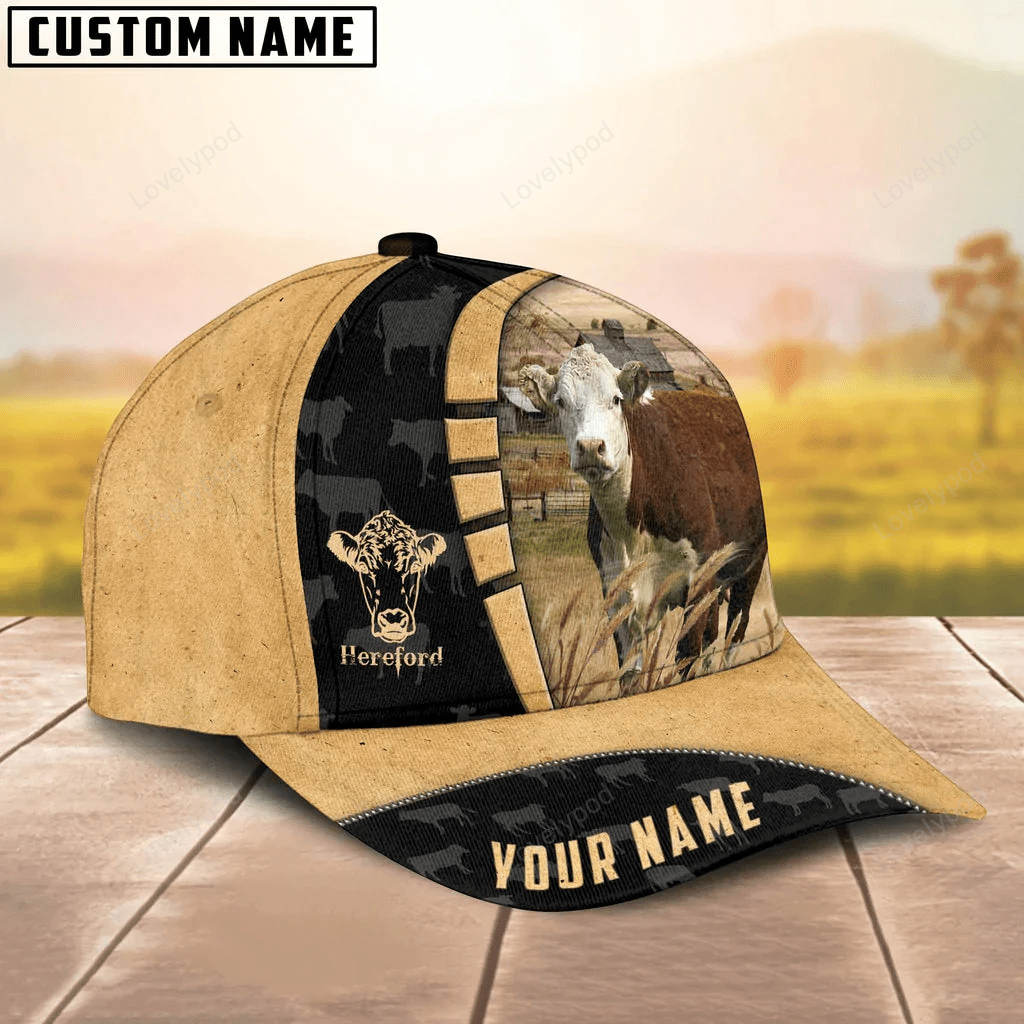 Custom Name Hereford Cattle 3D Cap, Cow hat, Farmer cap, Baseball Hat For Farmer, Gift for farm Trucker Hats Custom Hats Gifts For Men & Women