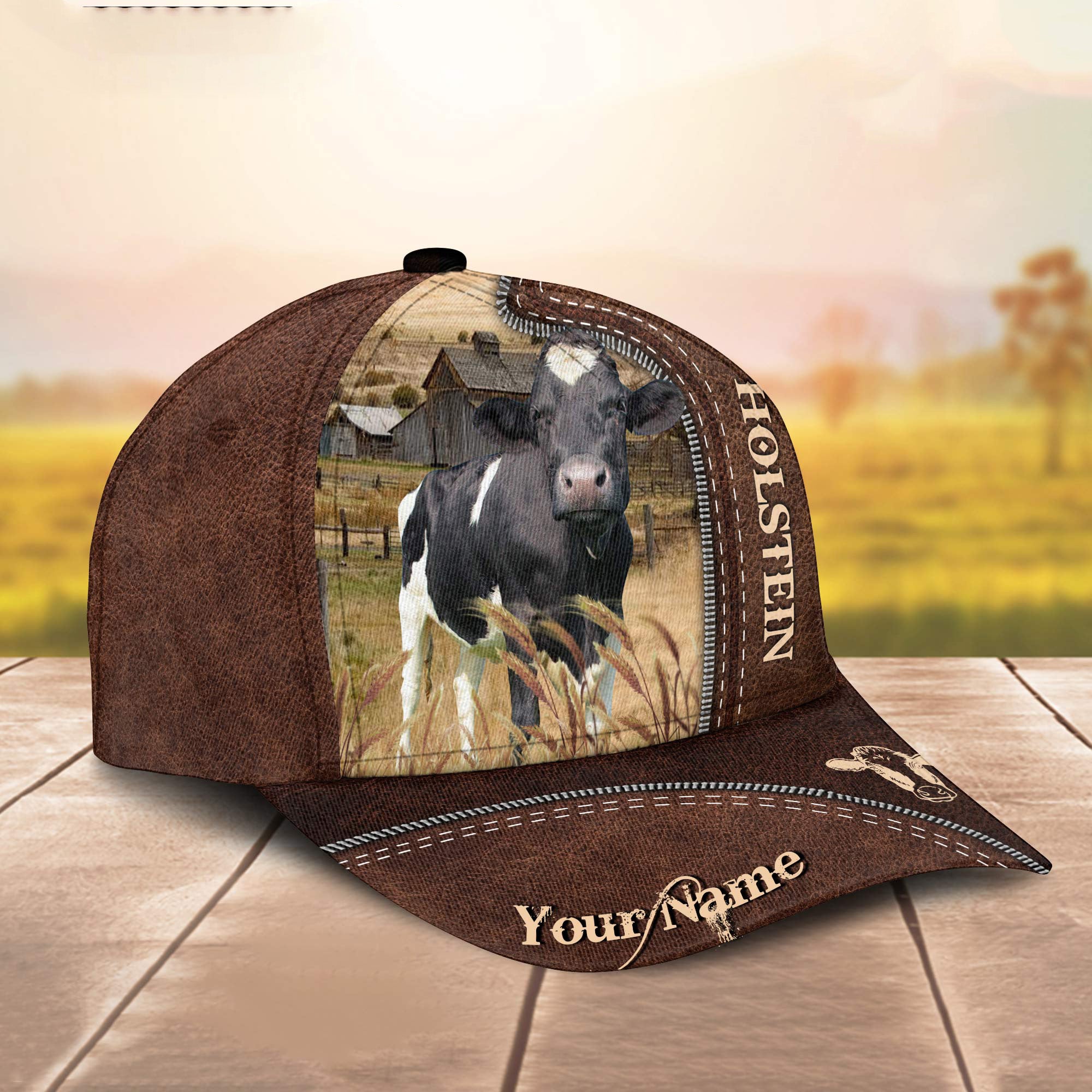 Custom Name Holstein Leather Pattern - Gift For Farmer - Personalized Classic Cap Trucker Hats Custom Hats Gifts For Men & Women