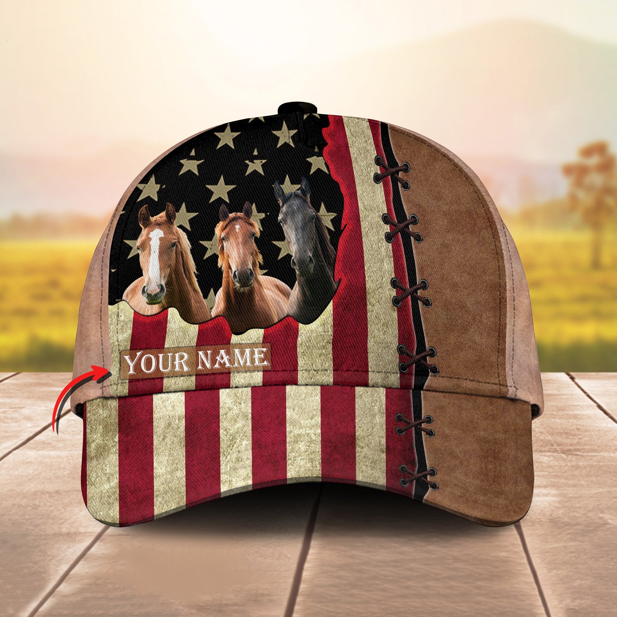 Custom Name Horse American Flag And Leather Pattern - Gift For Farmer - Personalized Classic Cap Trucker Hats Custom Hats Gifts For Men & Women