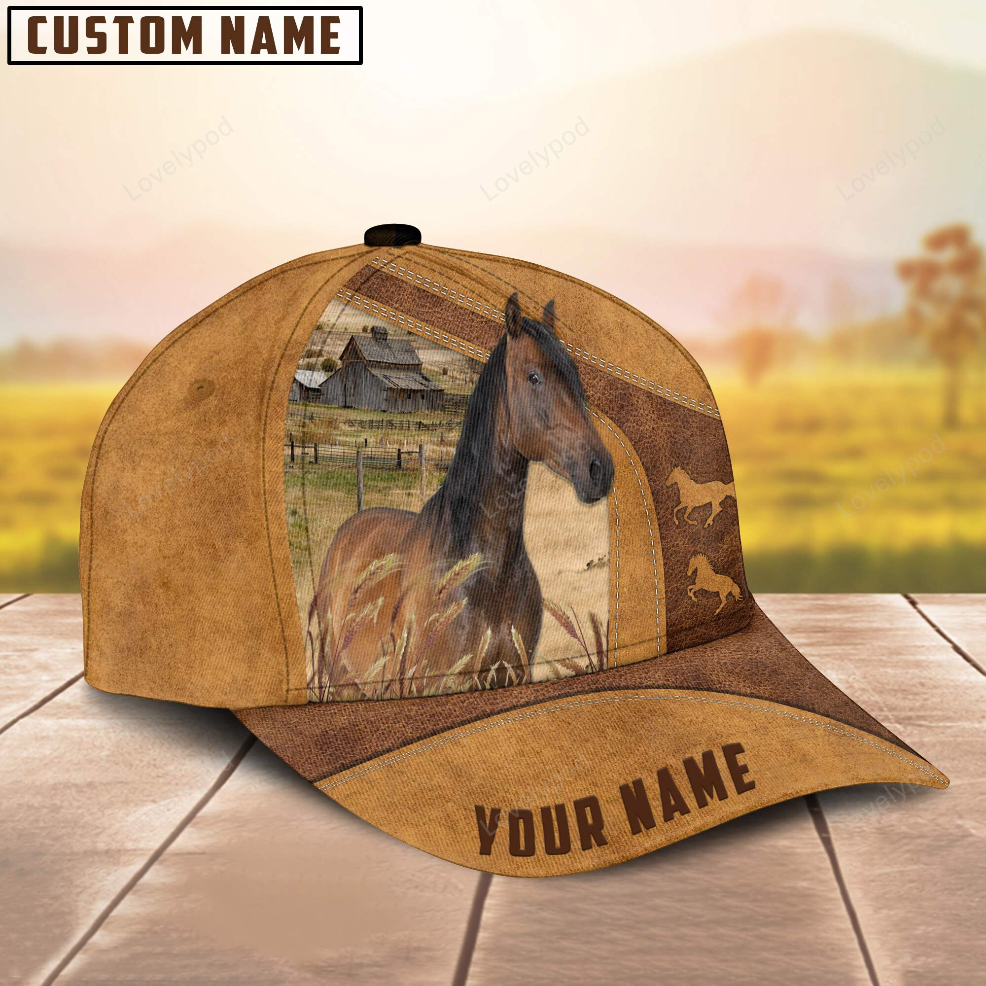 Custom Name Horse Cap , Horse Hat, Farm Baseball Hat Brown Leather Pattern Trucker Hats Custom Hats Gifts For Men & Women