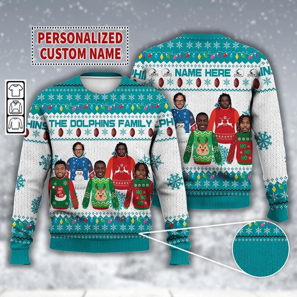 Custom Name Miami Football Christmas Ugly Sweater, Dolphins Family Shirt