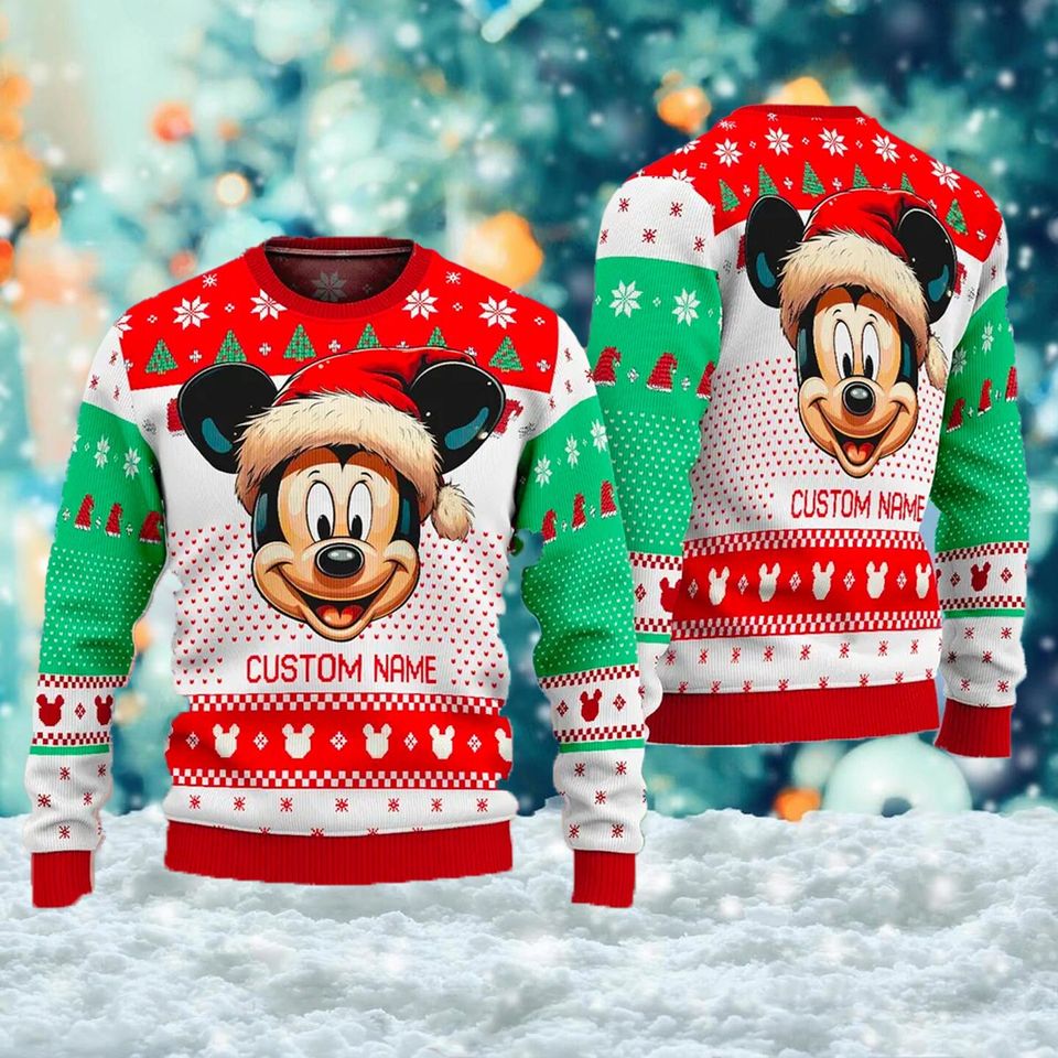 Custom Name Mouse Face Ugly Christmas Sweater, Mouse Santa Hat Xmas Sweater