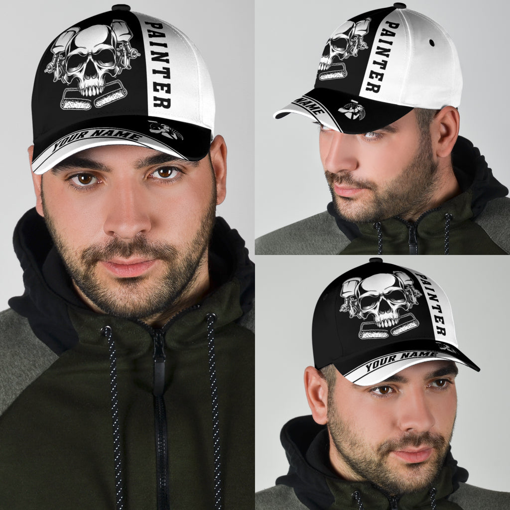 Custom Name Painter Classic Cap Black Skull, Painter Skull Hat Men Women Trucker Hats Custom Hats Gifts For Men & Women
