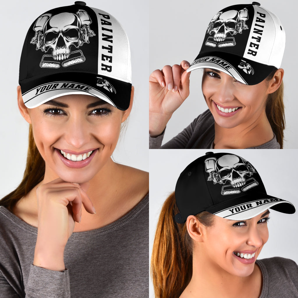 Custom Name Painter Classic Cap Black Skull, Painter Skull Hat Men Women Trucker Hats Custom Hats Gifts For Men & Women