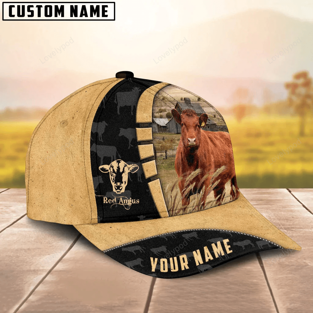 Custom Name Red Angus Cattle 3D Cap, Baseball Hat For Farmer, Gift for farm Trucker Hats Custom Hats Gifts For Men & Women