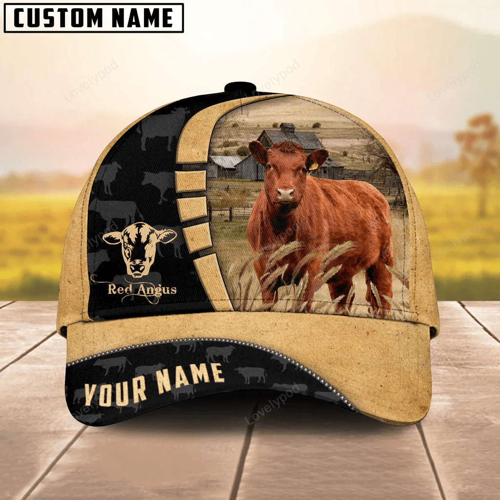 Custom Name Red Angus Cattle 3D Cap, Baseball Hat For Farmer, Gift for farm Trucker Hats Custom Hats Gifts For Men & Women