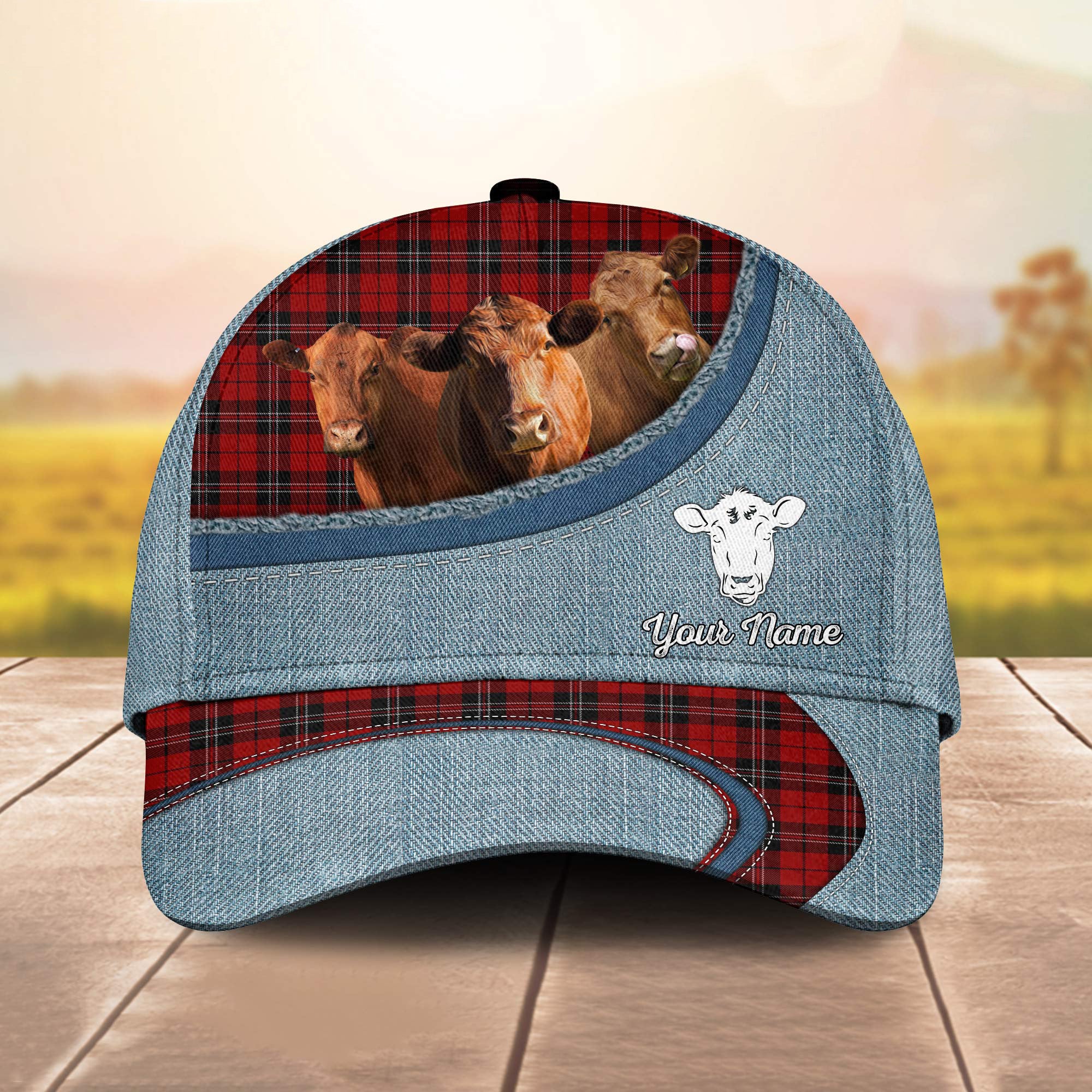 Custom Name Red Angus Red Caro And Jean Pattern - Gift For Farmer - Personalized Classic Cap Trucker Hats Custom Hats Gifts For Men & Women