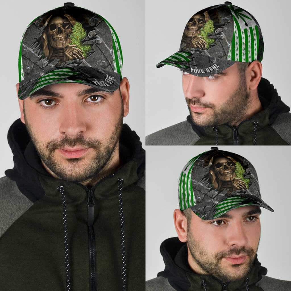 Custom Name Skull Weed Classic Cap, Baseball Skull Cap Hat For Summer Travel Trucker Hats Custom Hats Gifts For Men & Women