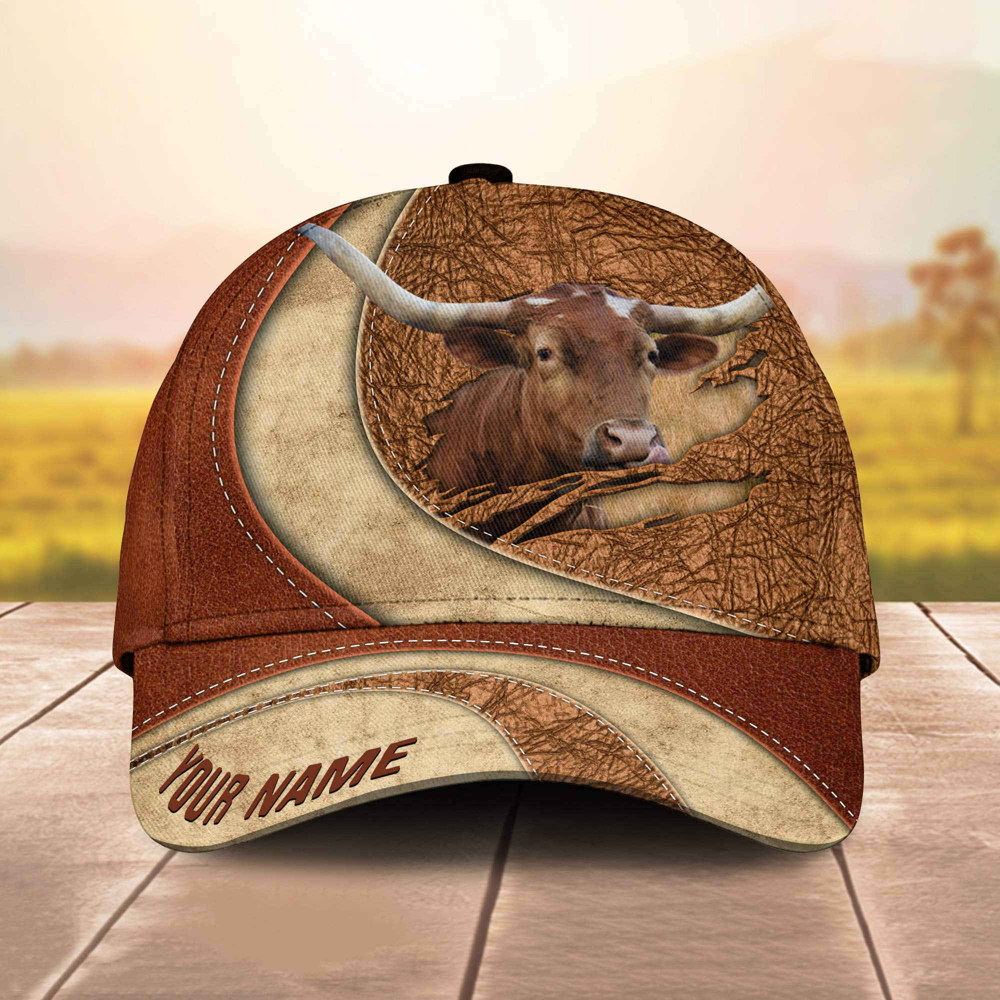 Custom Name Texas Longhorn Torn Leather Pattern - Gift For Farmer - Personalized Classic Cap Trucker Hats Custom Hats Gifts For Men & Women