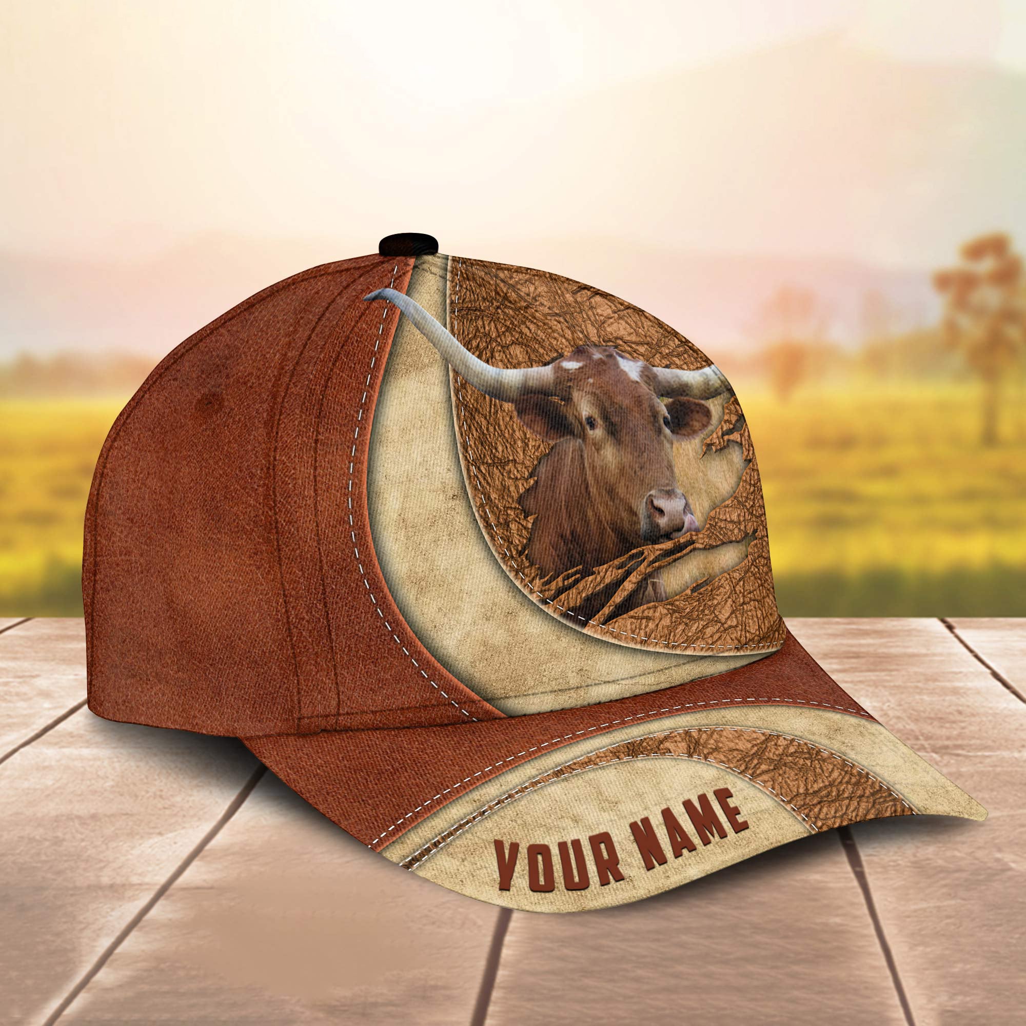 Custom Name Texas Longhorn Torn Leather Pattern - Gift For Farmer - Personalized Classic Cap Trucker Hats Custom Hats Gifts For Men & Women