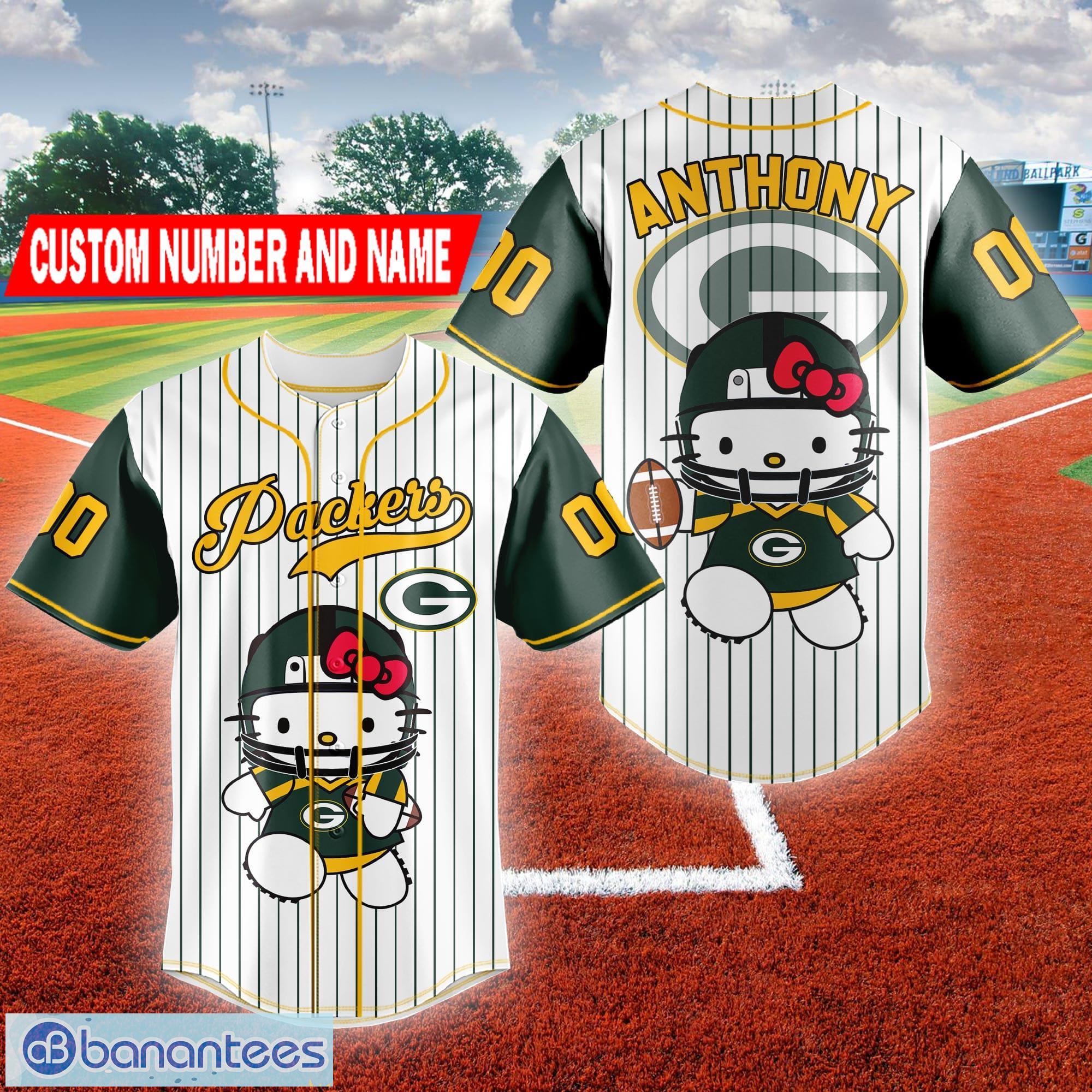 Custom Number And Name NLF Green Bay Packers Logo Hello Kitty Baseball Jersey Shirt