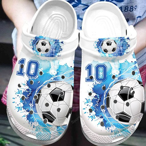 Custom Number Soccer Goal Blue White Watercolor Clogs Shoes