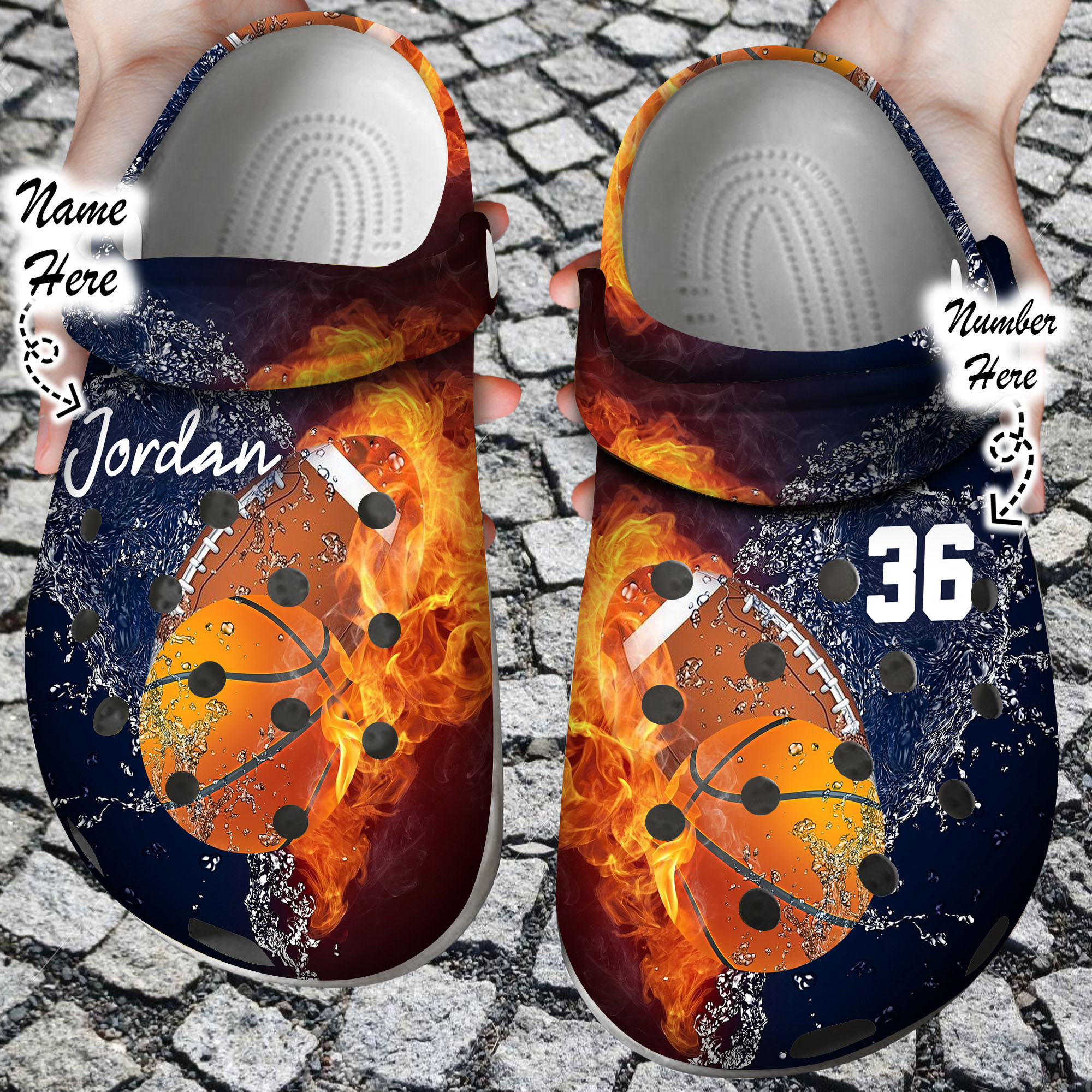 Custom Personalized Fire and Water Football and Basketball Clog Shoes