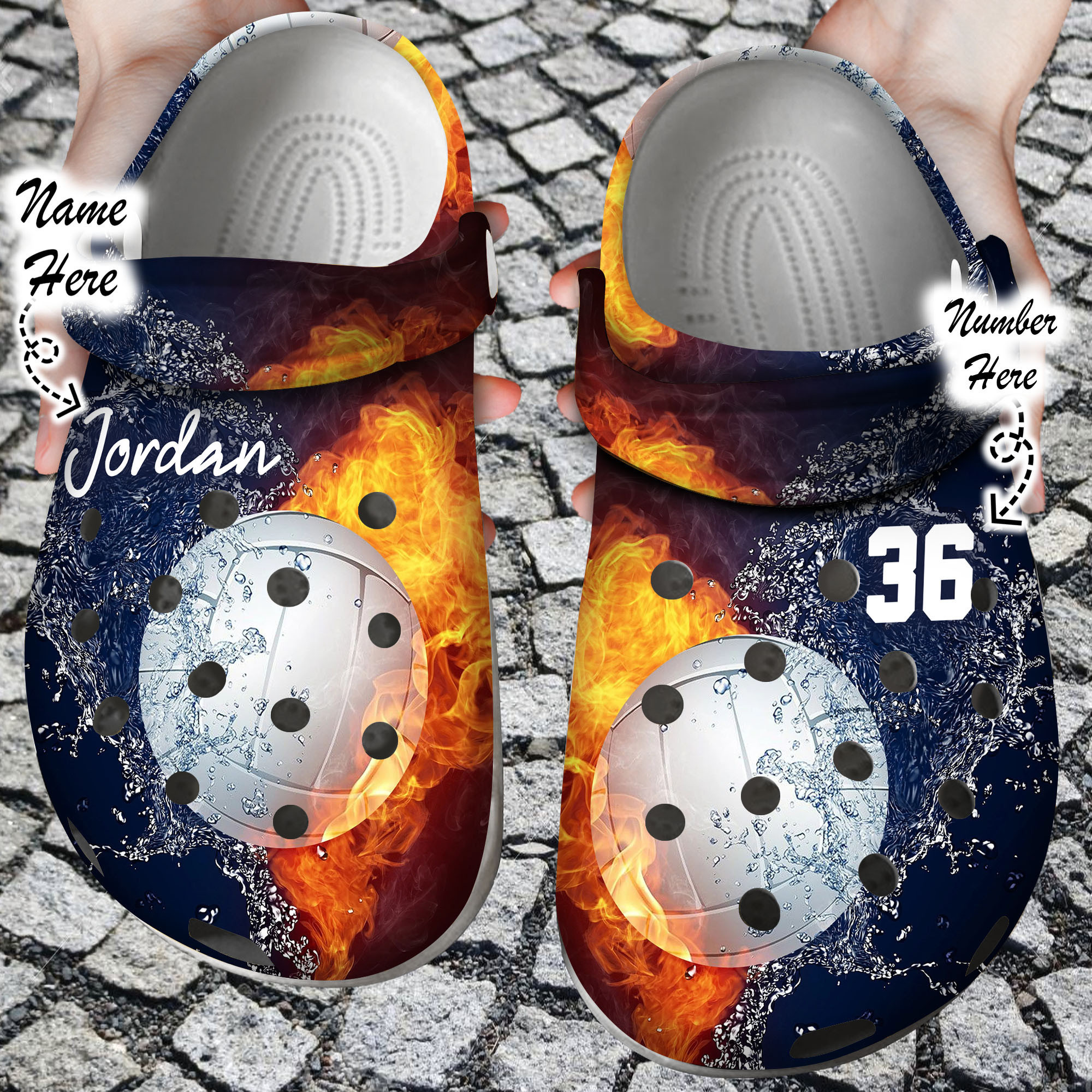 Custom Personalized Fire and Water Volleyball Clog Shoes