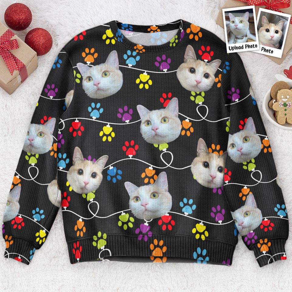 Custom Pet Photo Paw Light - Personalized Photo Ugly Sweatshirt