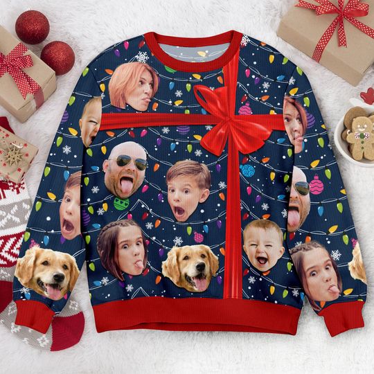 Custom Photo Christmas Present Ugly Christmas Sweater, Personalized Family Photo Ugly - Image 16