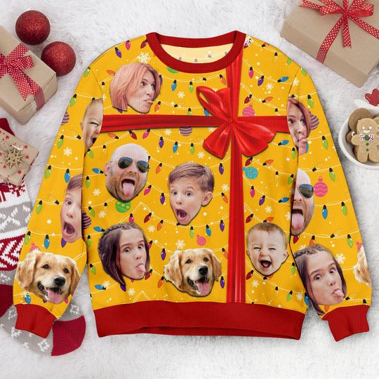 Custom Photo Christmas Present Ugly Christmas Sweater, Personalized Family Photo Ugly - Image 18