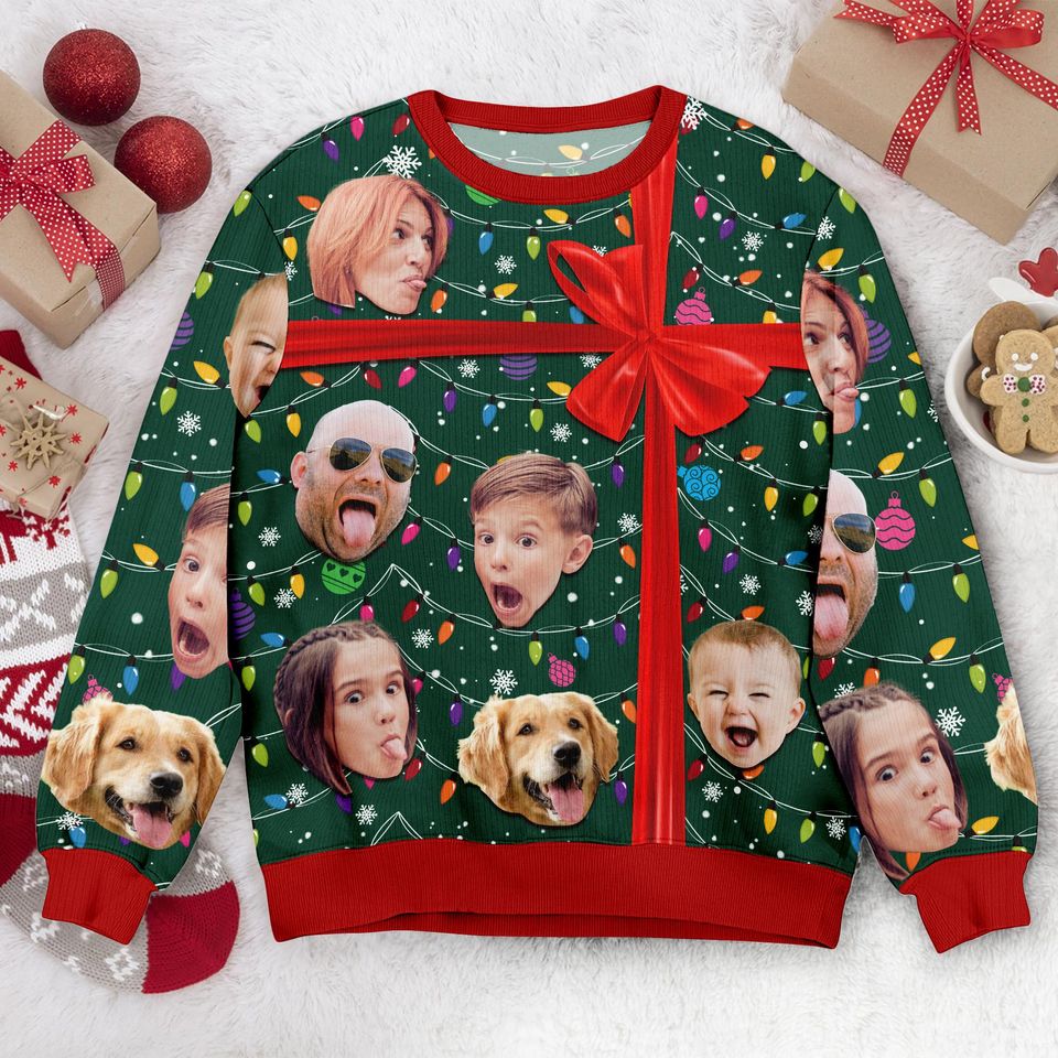 Custom Photo Christmas Present Ugly Christmas Sweater, Personalized Family Photo Ugly - Image 3