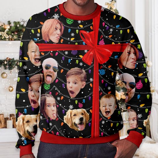Custom Photo Christmas Present Ugly Christmas Sweater, Personalized Family Photo Ugly - Image 12
