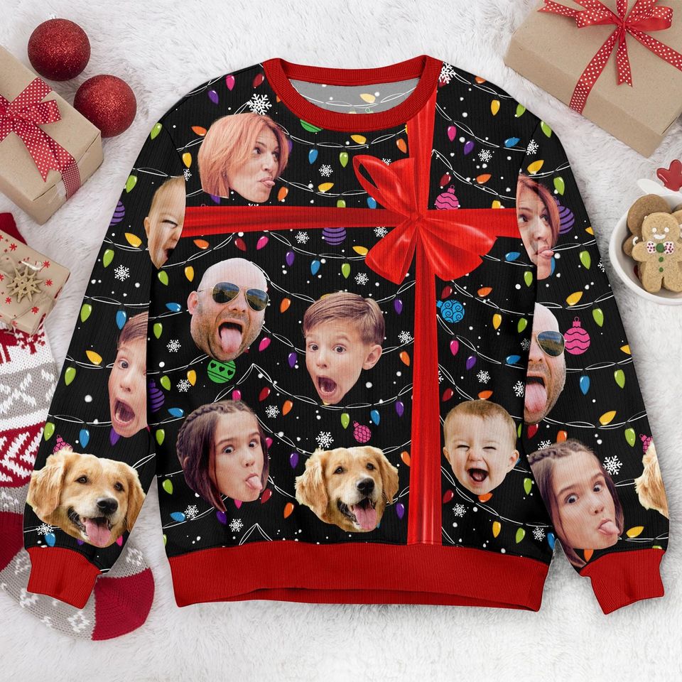 Custom Photo Christmas Present Ugly Christmas Sweater, Personalized Family Photo Ugly - Image 9