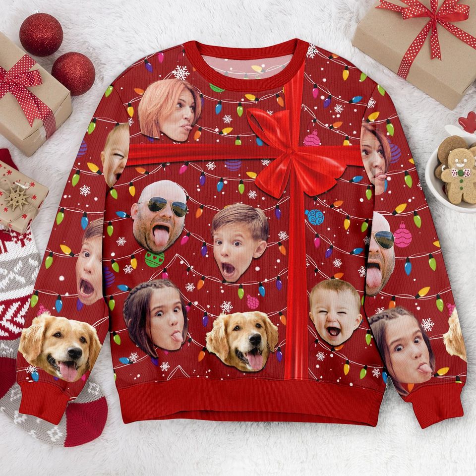 Custom Photo Christmas Present Ugly Christmas Sweater, Personalized Family Photo Ugly - Image 4