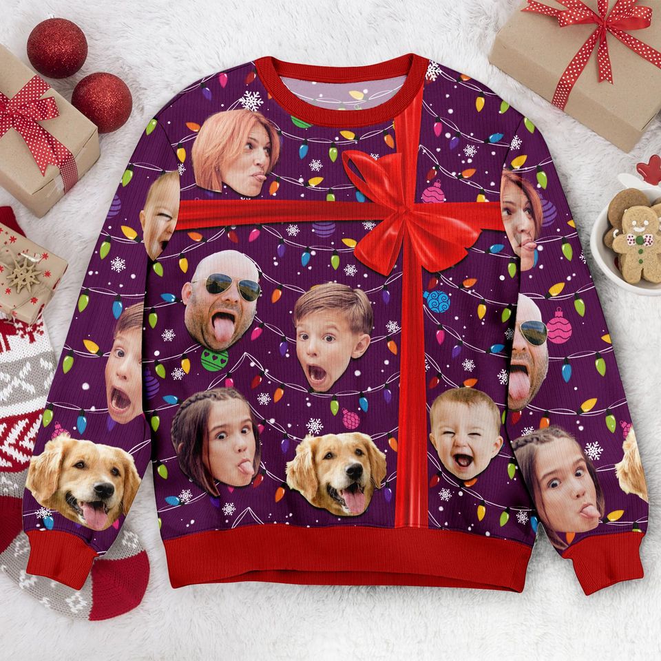 Custom Photo Christmas Present Ugly Christmas Sweater, Personalized Family Photo Ugly - Image 6