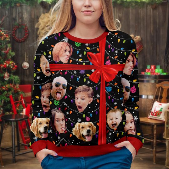 Custom Photo Christmas Present Ugly Christmas Sweater, Personalized Family Photo Ugly - Image 19
