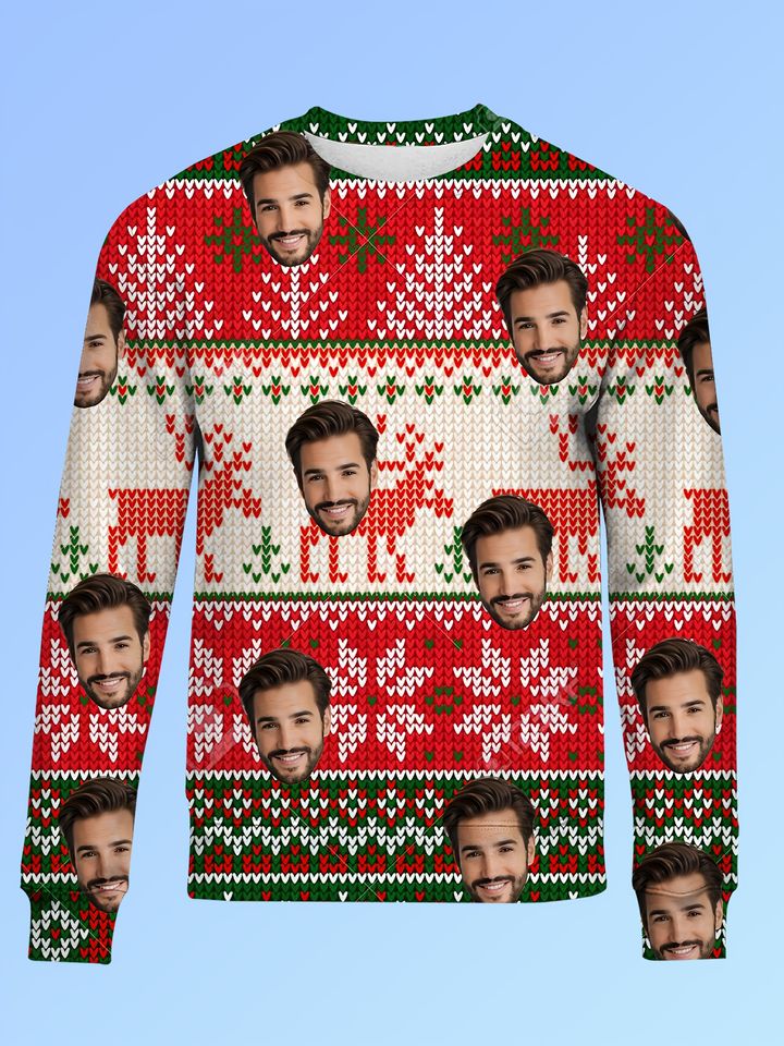 Custom Photo Christmas Sweater - 3D Face Design, Red & Green Holiday Pullover - Image 3