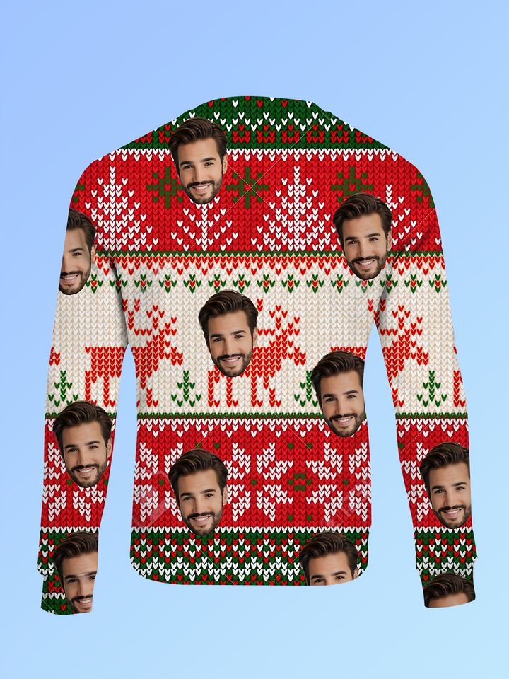 Custom Photo Christmas Sweater - 3D Face Design, Red & Green Holiday Pullover - Image 2