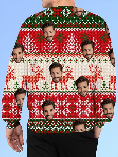 Custom Photo Christmas Sweater - 3D Face Design, Red & Green Holiday Pullover - Image 10
