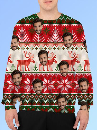 Custom Photo Christmas Sweater - 3D Face Design, Red & Green Holiday Pullover - Image 9