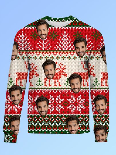 Custom Photo Christmas Sweater - 3D Face Design, Red & Green Holiday Pullover - Image 8