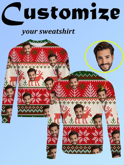 Custom Photo Christmas Sweater - 3D Face Design, Red & Green Holiday Pullover - Image 6
