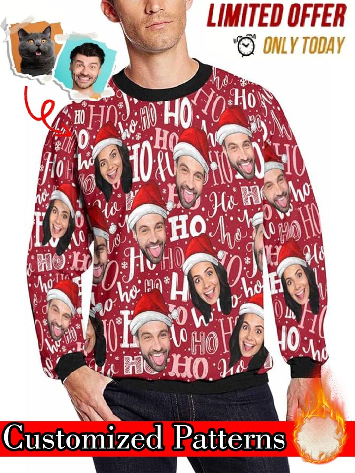 Custom Photo Christmas Sweater with Your Face - Full-Body Print Holiday Sweatshirt for Family & Group Matching