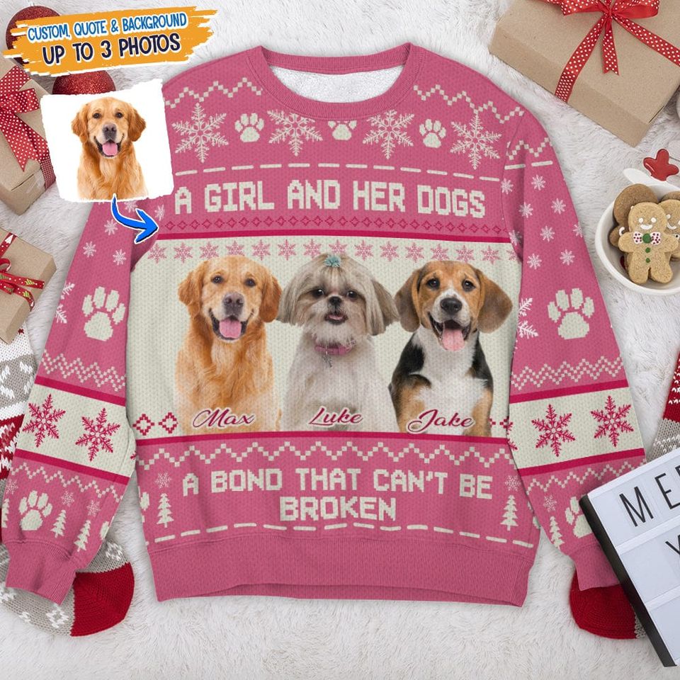 Custom Photo Dog Cat A Girl And Her Pet AOP Ugly Sweatshirt