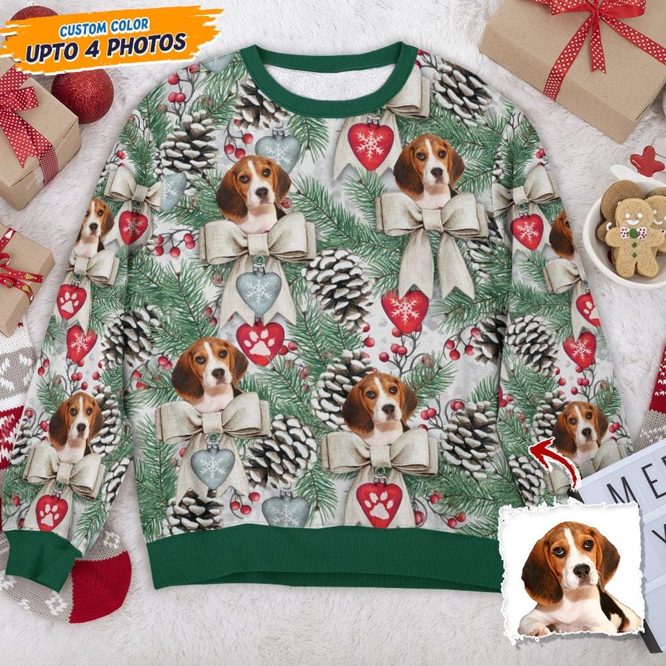 Custom Photo Dog Cat With Christmas Pineal AOP Ugly Sweatshirt