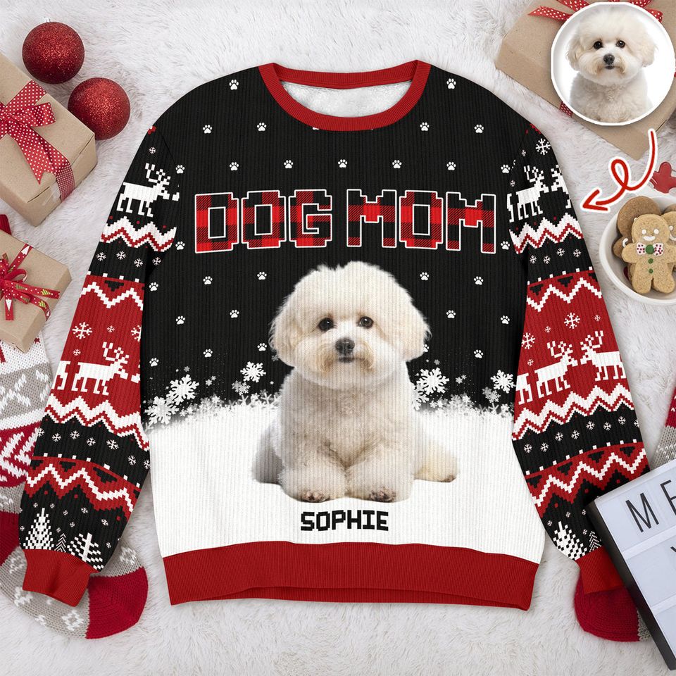 Custom Photo - Dog Mom Dog Dad Christmas Pattern Ugly Sweater Christmas Gift