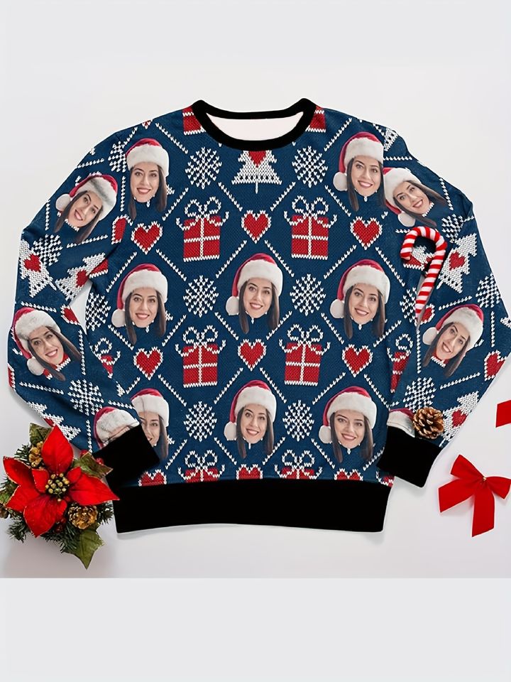 Custom Photo Face Christmas Sweater - Personalized Face All-Over Print, Winter Holiday Party Sweatshirt - Image 4