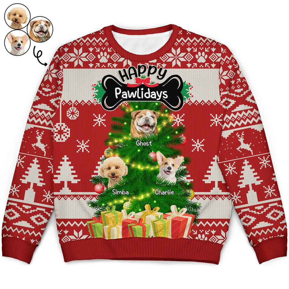 Custom Photo Funny Dog Cat Face Happy Pawlidays Christmas Pet Lovers Unisex Ugly Sweater