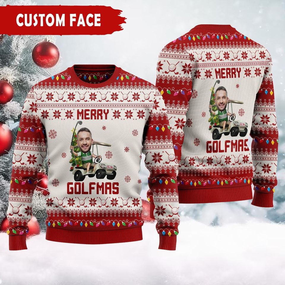 Custom Photo Funny Golf Lover Merry Golfmas Ugly Sweater