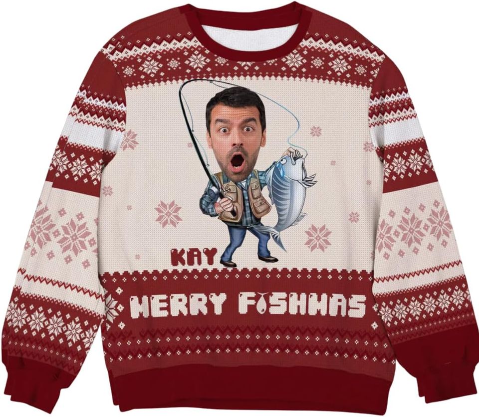 Custom Photo Gifts For Fishing Lover Christmas Ugly Sweater