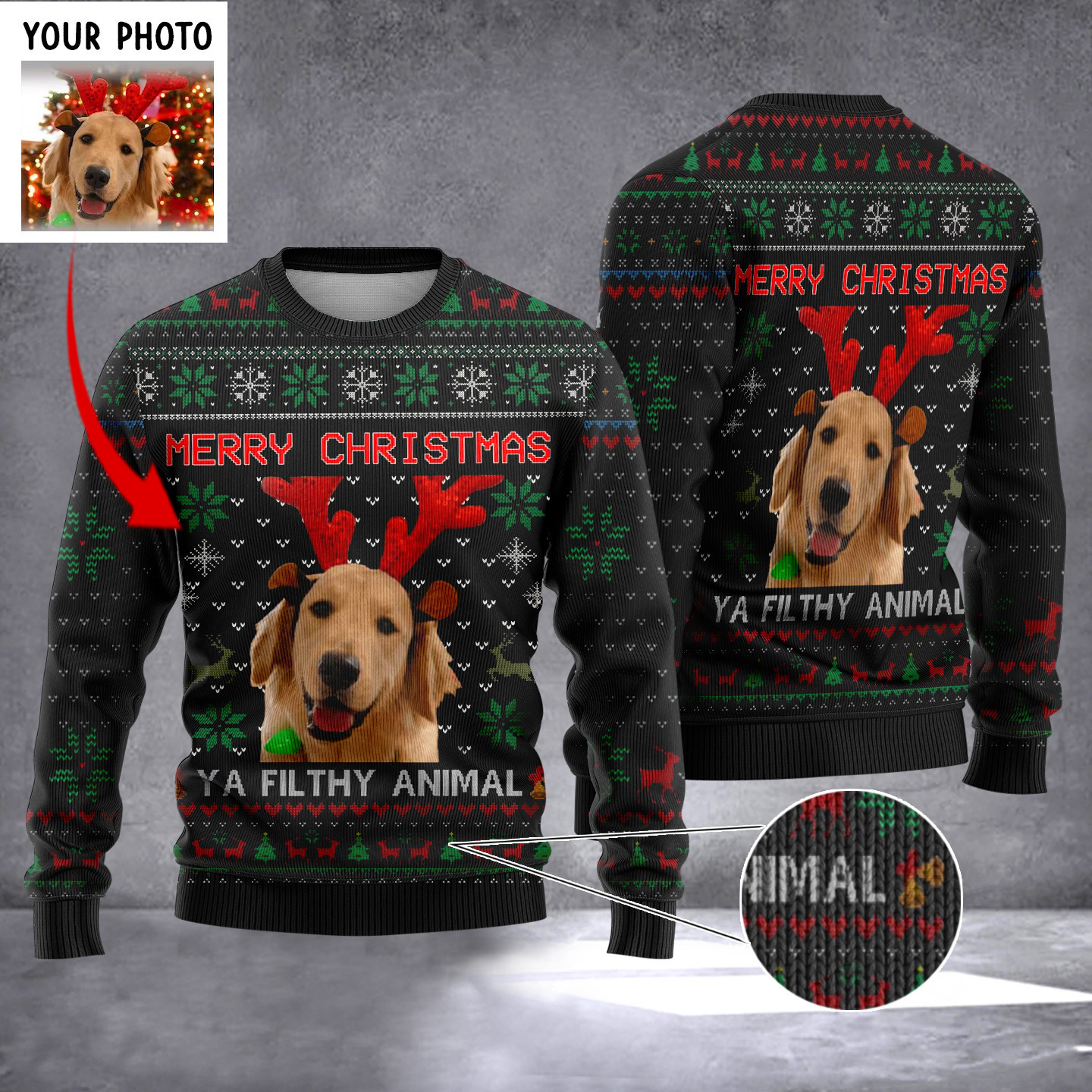 Custom Photo Golden Retriever Merry Christmas Ya Filthy Animal Sweater Presents For Dog Lovers