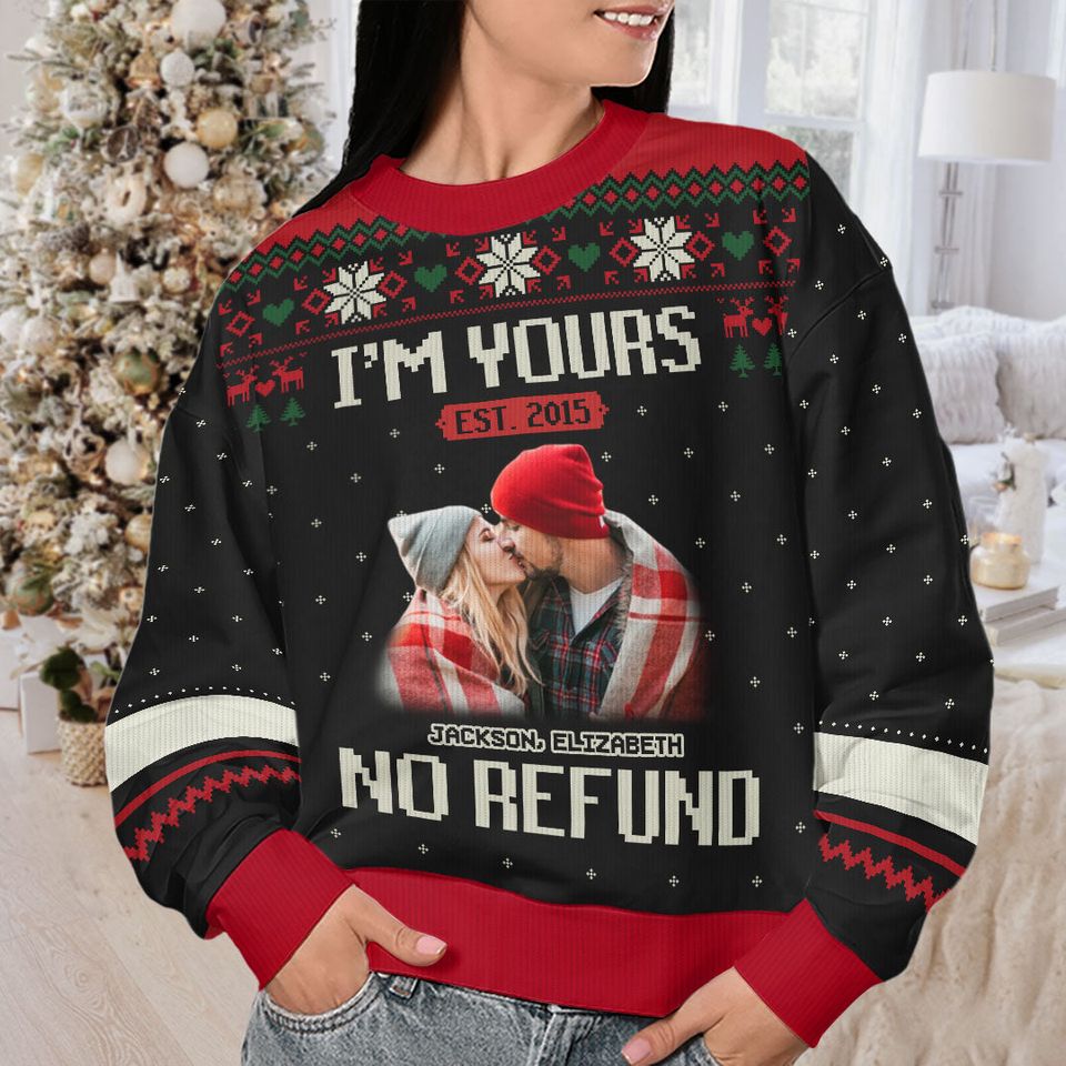 Custom Photo I'm Yours Forever Husband Wife Couple Personalized Ugly Christmas Sweater - Image 3