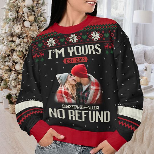 Custom Photo I'm Yours Forever Husband Wife Couple Personalized Ugly Christmas Sweater - Image 6